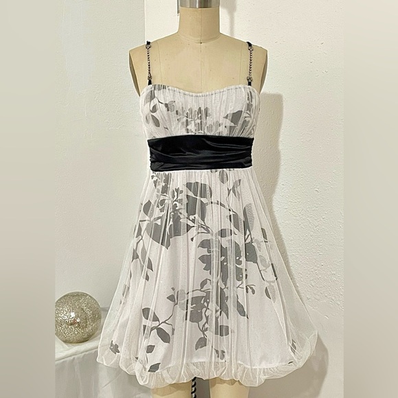 Vintage y2k mesh balloon skirt mini dress Floral Print Dress white Black small - Picture 3 of 7